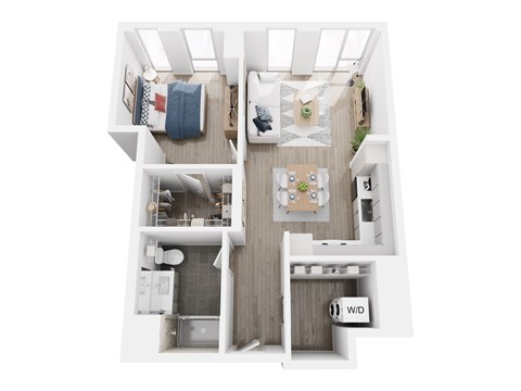 A top down view of a small apartment with a kitchen, living room, and bathroom.
